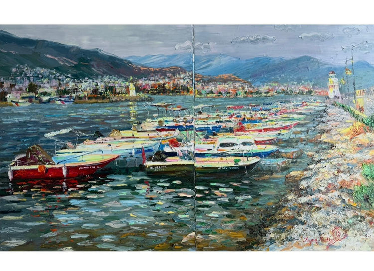 Painting of a harbor scene with boats and mountains in the background