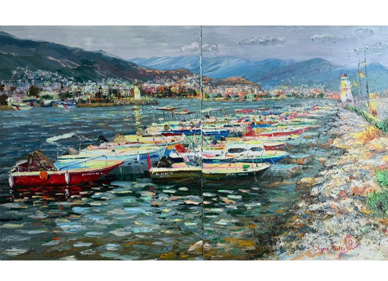 Painting of a harbor scene with boats and mountains in the background